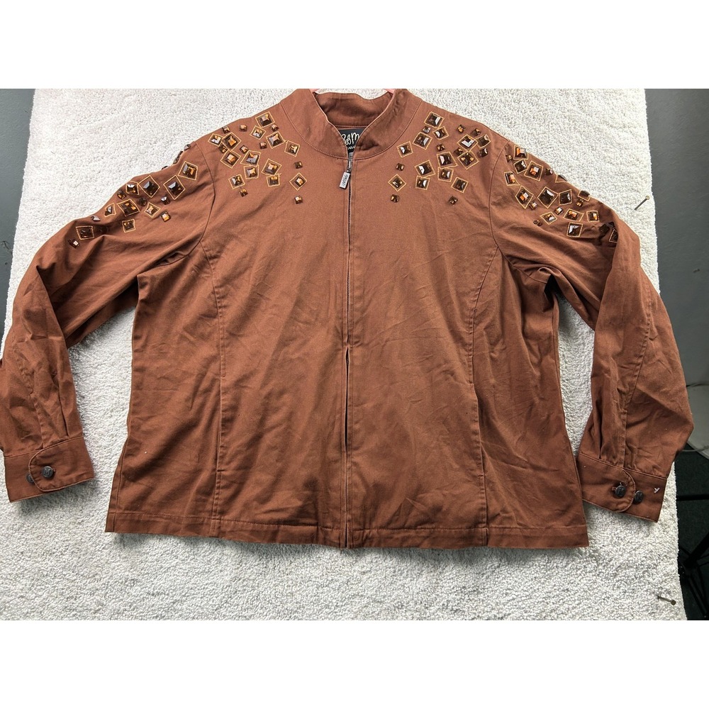 Bob Mackie Jewel Embellished Zip Jacket XL Brown Wearable Art Whimsigoth Deco